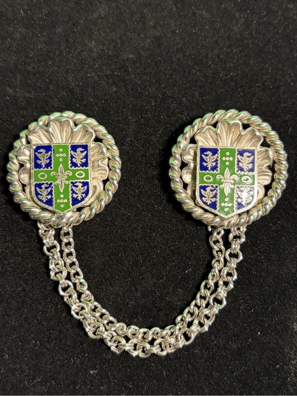 Vintage Heraldic Chatelaine double pin Brooch Silver-tone Green and Blue Enamel